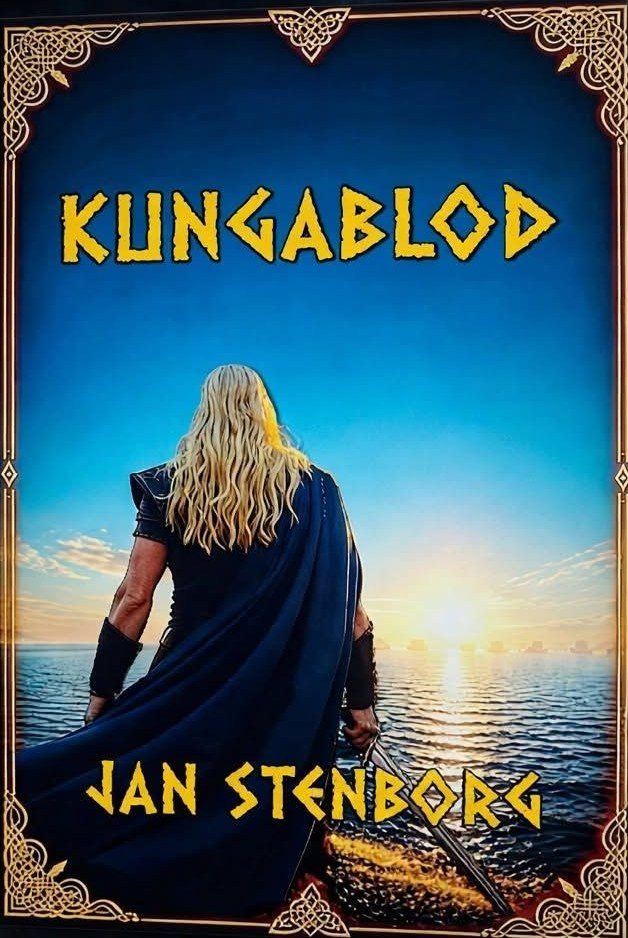 Omslaget till Kungablod av Jan Stenborg: en långhårig krigare i blå mantel ser ut över havet i soluppgången.